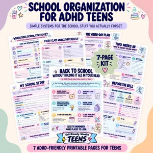 Pode incluir: Um kit imprimível de 7 páginas para organização escolar de adolescentes com TDAH, com folhas de trabalho em tons pastel intituladas School Organization for ADHD Teens. Inclui listas de verificação, modelos de planejamento e guias de organização.