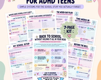 May include: A 7-page printable school organization kit for teens with ADHD, featuring pastel-colored worksheets titled School Organization for ADHD Teens. The pages include checklists, planning templates, and guides for managing school supplies and schedules.