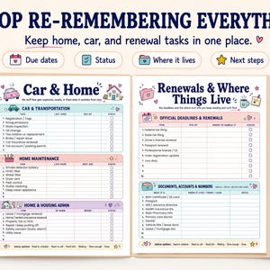 Pode incluir: Um planejador com o texto "STOP RE-REMEMBERING EVERYTHING" e se&ccedil;&otilde;es para tarefas de carro, casa e renova&ccedil;&atilde;o. O planejador inclui listas de verifica&ccedil;&atilde;o, datas de vencimento e indicadores de status. Um post-it rosa diz "future me will be so grateful."