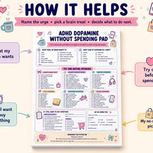 May include: A white paper pad titled ADHD DOPAMINE WITHOUT SPENDING PAD with colorful sections and checklists. It includes categories like 2-MINUTE BRAIN TREAT, NOVELTY WITHOUT MONEY, SENSORY DOPAMINE, COZY DOPAMINE, MOVEMENT DOPAMINE, and SOCIAL DOPAMINE.