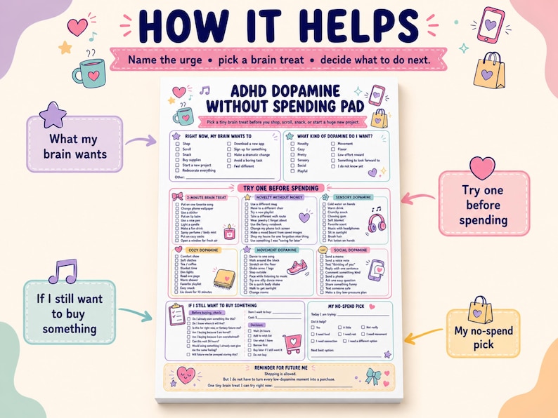 May include: A white paper pad titled ADHD DOPAMINE WITHOUT SPENDING PAD with colorful sections and checklists. It includes categories like 2-MINUTE BRAIN TREAT, NOVELTY WITHOUT MONEY, SENSORY DOPAMINE, COZY DOPAMINE, MOVEMENT DOPAMINE, and SOCIAL DOPAMINE.