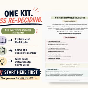 May include: A white paper with text and graphics, titled "ONE KIT. LESS RE-DECIDING." The text describes a "Decision Fatigue Eliminator" kit with tools like a dinner decision wheel and weekly store checklist. Includes instructions.