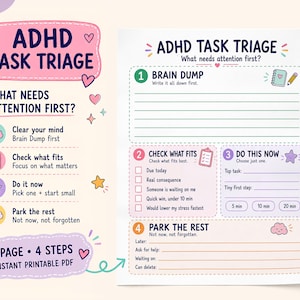 May include: A printable ADHD task triage planner sheet featuring four steps: Brain Dump, Check What Fits, Do This Now, and Park The Rest. The document includes colourful icons, lined sections for writing, and checkboxes on a white background.