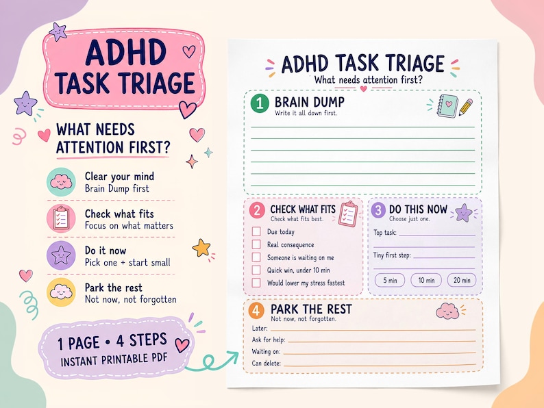May include: A printable ADHD task triage planner sheet featuring four steps: Brain Dump, Check What Fits, Do This Now, and Park The Rest. The document includes colourful icons, lined sections for writing, and checkboxes on a white background.
