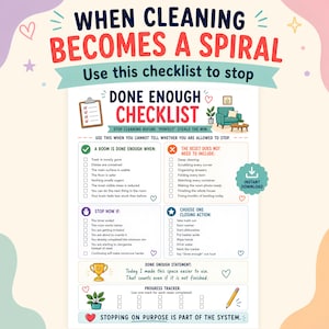 When to Stop Cleaning Checklist, ADHD Low Energy Cleaning PDF, Chore Burnout Help, Executive Dysfunction, Progress Tracker