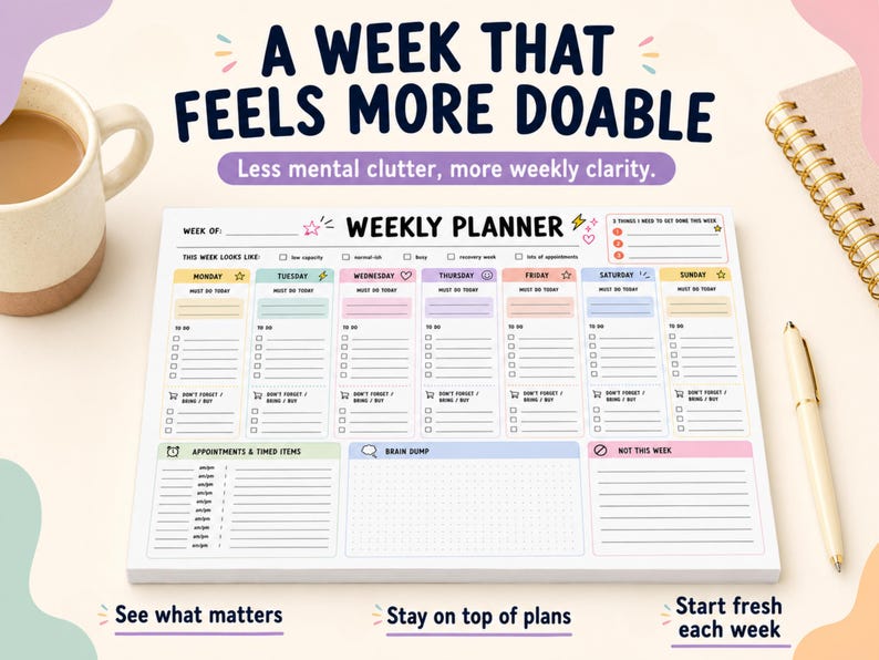 K&ouml;nnte beinhalten: Ein Wochenplaner-Block mit dem Text "A Week That Feels More Doable". Der Block hat Abschnitte f&uuml;r jeden Wochentag mit Platz f&uuml;r To-Do-Listen, Termine und Notizen. Eine Tasse Kaffee, ein Stift und ein Notizbuch sind ebenfalls im Bild.