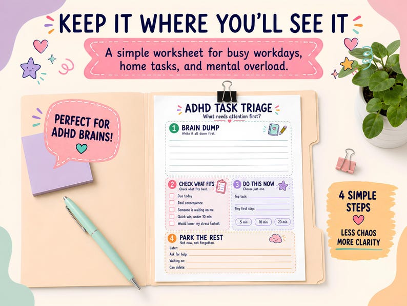 May include: A paper worksheet titled ADHD TASK TRIAGE clipped to a light tan folder. The worksheet includes sections for Brain Dump, Check What Fits, Do This Now, and Park The Rest. A light green pen and a purple sticky note are placed on the folder.