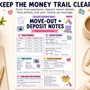 May include: A printable ADHD first apartment binder page titled Move-Out + Deposit Notes. The document includes sections for final payments, deposit return details, final photos, and a follow-up message template with checkboxes and fillable lines.