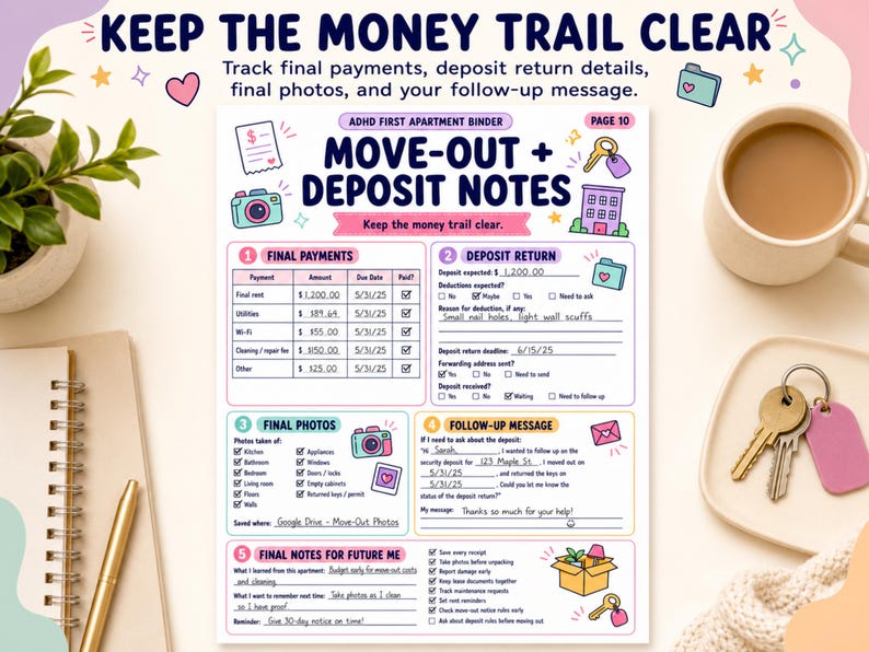May include: A printable ADHD first apartment binder page titled Move-Out + Deposit Notes. The document includes sections for final payments, deposit return details, final photos, and a follow-up message template with checkboxes and fillable lines.