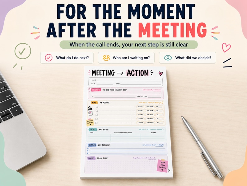 Meeting Notes Pad, Action Items Desk Notepad, 8.5x11 Tear off Work ...