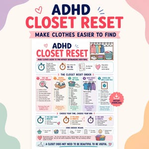 May include: A digital infographic titled ADHD CLOSET RESET with instructions to make clothes easier to find. It features five numbered steps, time-based goals, and checklists with icons like clocks, hearts, and a laundry basket on a white background.