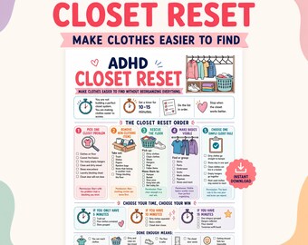 ADHD Closet Cleaning Checklist, Closet Reset Printable, Clothes Pile Help, Bedroom Organization, Executive Dysfunction Cleaning PDF