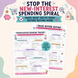 May include: A two-page digital download titled Hyperfixation Spending Tracker with sections to track interests, spending boundaries, current purchases, subscriptions, and a spending reality check, featuring colorful icons like a piggy bank and shopping cart.