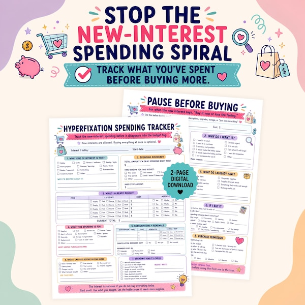 ADHD Hobby Spending Tracker, Hyperfixation Budget Printable, Impulse Buying Checklist, New Interest Spending Log, Hobby Supplies, 2 Page PDF