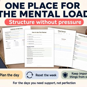 May include: A selection of printed planner pages with the text "ONE PLACE FOR THE MENTAL LOAD" and "Structure without pressure." The pages include sections for wellness, daily planning, and productivity strategies. A mug of coffee, a candle, and a notebook are also visible.