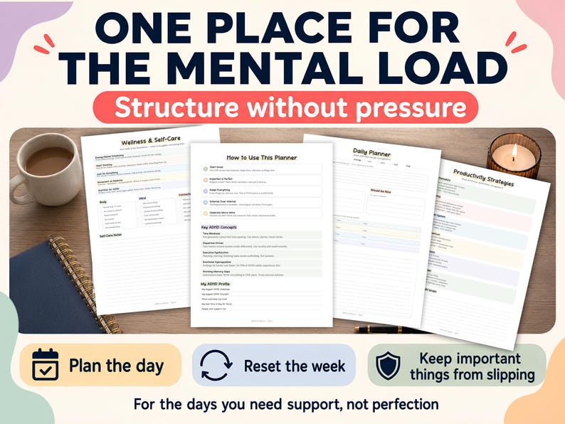 May include: A selection of printed planner pages with the text "ONE PLACE FOR THE MENTAL LOAD" and "Structure without pressure." The pages include sections for wellness, daily planning, and productivity strategies. A mug of coffee, a candle, and a notebook are also visible.