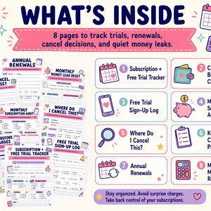 May include: A set of eight printable subscription tracker pages featuring pastel pink, blue, and purple accents. The pages include sections for annual renewals, monthly subscription audits, free trial sign-up logs, and cancellation decision checklists with icons like calendars, piggy banks, and magnifying glasses.