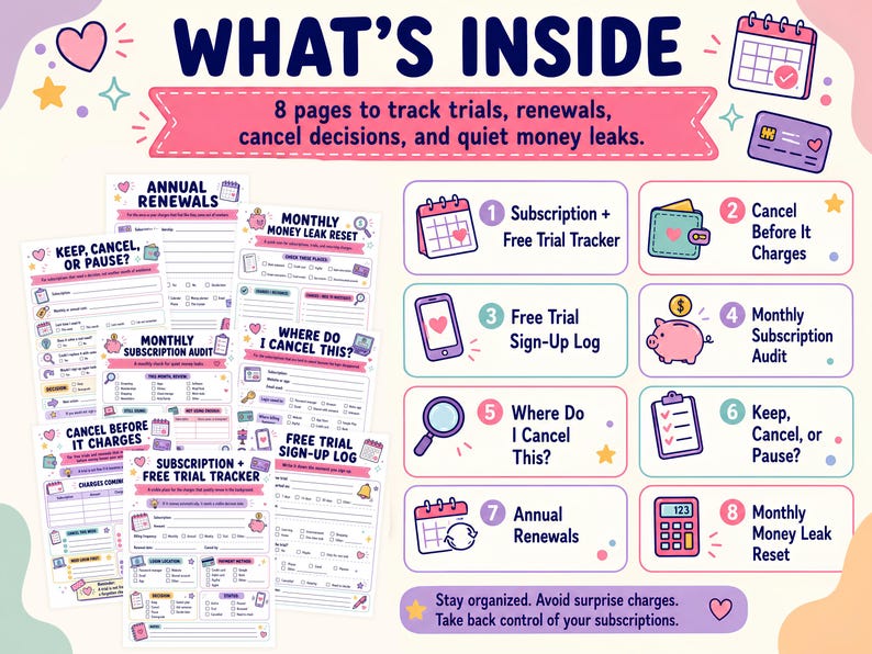 May include: A set of eight printable subscription tracker pages featuring pastel pink, blue, and purple accents. The pages include sections for annual renewals, monthly subscription audits, free trial sign-up logs, and cancellation decision checklists with icons like calendars, piggy banks, and magnifying glasses.