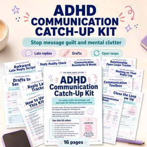 Könnte beinhalten: Ein 16-seitiges ADHD Communication Catch-Up Kit mit gedruckten Blättern zur Verwaltung von Nachrichten, Entwürfen und offenen Aufgaben. Die Seiten enthalten Titel wie Awkward Late Reply Scripts, Reply Reality Check und Communication Toolbox.