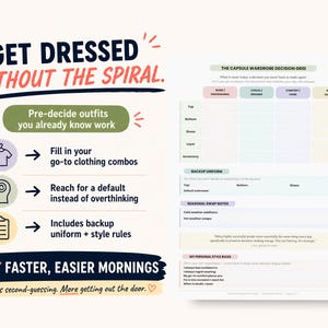 May include: A white and light green capsule wardrobe decision grid with the text "Get Dressed Without the Spiral." The grid includes sections for work, casual, comfort, and mix-and-match outfits. The text also includes "Faster, Easier Mornings."