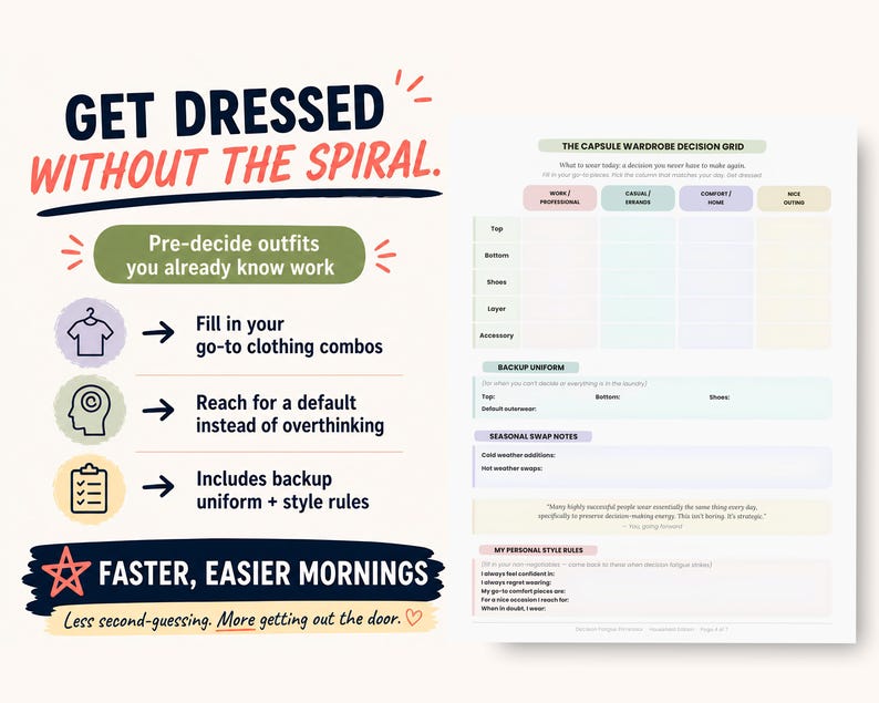 May include: A white and light green capsule wardrobe decision grid with the text "Get Dressed Without the Spiral." The grid includes sections for work, casual, comfort, and mix-and-match outfits. The text also includes "Faster, Easier Mornings."