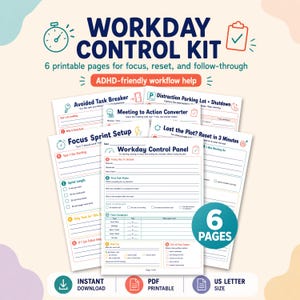Pode incluir: Um Workday Control Kit com seis páginas imprimíveis para foco, reset e acompanhamento. As páginas incluem seções para gerenciamento de tarefas, notas de reunião e um painel de controle do dia de trabalho. O kit é amigável para TDAH.