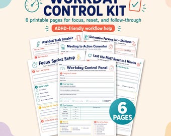 ADHD-werkdagplanner afdrukbaar, Focus Sprint-sjabloon, Meeting Action Converter, PDF-bundel thuiswerken, download van 6 pagina's