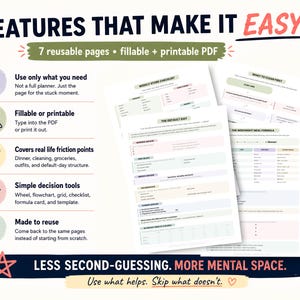 May include: A set of printable PDF planner pages with the text "FEATURES THAT MAKE IT EASY." The pages include checklists, meal planning, and daily routines. The text also says "7 reusable pages fillable + printable PDF."