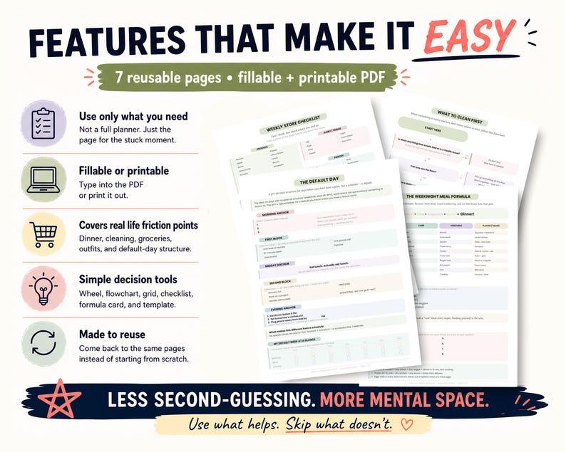 May include: A set of printable PDF planner pages with the text "FEATURES THAT MAKE IT EASY." The pages include checklists, meal planning, and daily routines. The text also says "7 reusable pages fillable + printable PDF."