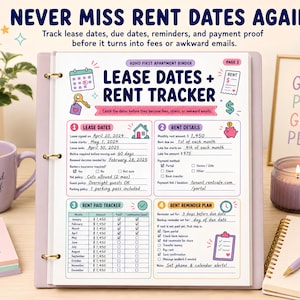 May include: A lease dates and rent tracker binder page featuring sections for lease dates, rent details, a rent paid tracker, and a rent reminder plan. The document includes colorful icons, handwritten text, and a header titled ADHD First Apartment Binder.