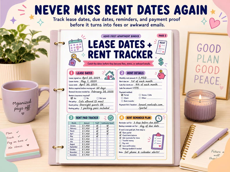 May include: A lease dates and rent tracker binder page featuring sections for lease dates, rent details, a rent paid tracker, and a rent reminder plan. The document includes colorful icons, handwritten text, and a header titled ADHD First Apartment Binder.