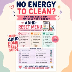 ADHD Energy Based Chore Checklist, Low Energy Cleaning PDF, Where to Start Cleaning, Messy House Help, Executive Dysfunction