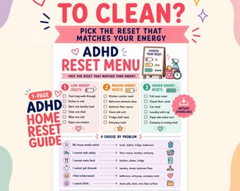ADHD Energy Based Chore Checklist, Low Energy Cleaning PDF, Where to Start Cleaning, Messy House Help, Executive Dysfunction