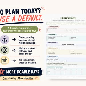 May include: A white planner page with the text "NO PLAN TODAY? USE A DEFAULT." and "MORE DOABLE DAYS." The planner includes sections for daily anchors and a weekly overview, designed for low-energy days.