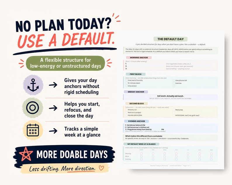 May include: A white planner page with the text "NO PLAN TODAY? USE A DEFAULT." and "MORE DOABLE DAYS." The planner includes sections for daily anchors and a weekly overview, designed for low-energy days.