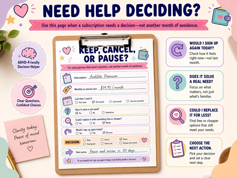 May include: A clipboard holding a printed decision-making worksheet titled Keep, Cancel, or Pause. The form includes fields for subscription details, cost, usage frequency, and decision options. It features colorful icons, text prompts, and a section for next actions, designed to help evaluate recurring monthly subscriptions.