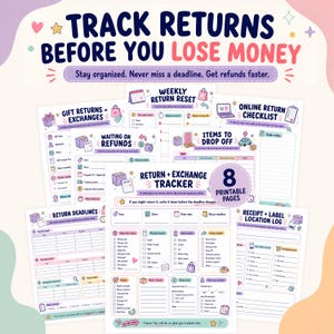 May include: A set of eight printable return and exchange tracker pages featuring colorful icons and text including Track Returns Before You Lose Money, Weekly Return Reset, Online Return Checklist, Waiting on Refunds, and Return + Exchange Tracker.