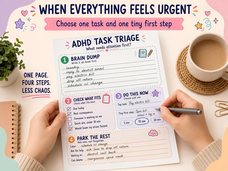 May include: A white ADHD Task Triage planning sheet with four sections: Brain Dump, Check What Fits, Do This Now, and Park The Rest. The page features colourful icons, handwritten task examples, and the text When Everything Feels Urgent.