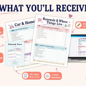 Pode incluir: Um planejador digital com o texto "WHAT YOU'LL RECEIVE" e "Car & Home". A imagem mostra um laptop, p&aacute;ginas para impress&atilde;o e &iacute;cones para um PDF de 2 p&aacute;ginas, um link de modelo Canva, tamanho US Letter (21,6 x 27,9 cm) e download instant&acirc;neo.