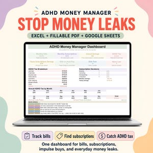 以下が含まれることがあります： ラップトップには、財務データを含むADHDマネーマネージャーのダッシュボードが表示されています。画面には、請求書、サブスクリプション、税金の詳細が表示されます。上部のテキストは「STOP MONEY LEAKS」と表示されています。下部には「Track bills, Find subscriptions, Catch ADHD tax」と表示されています。