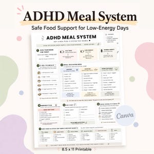 Puede incluir: Una guía imprimible de 21,6 x 27,9 cm del sistema de comidas para el TDAH. El documento blanco presenta un plan de comidas con secciones para ideas de comidas, una cuadrícula de decisiones de comidas y una lista de compras. El texto incluye "ADHD Meal System".