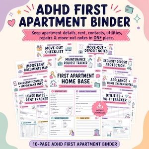 May include: A 10-page ADHD First Apartment Binder digital planner featuring various organizational templates including a home base, lease tracker, maintenance request tracker, move-out checklist, and utility tracker with colorful icons and text.