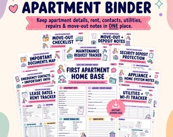 May include: A 10-page ADHD First Apartment Binder digital planner featuring various organizational templates including a home base, lease tracker, maintenance request tracker, move-out checklist, and utility tracker with colorful icons and text.