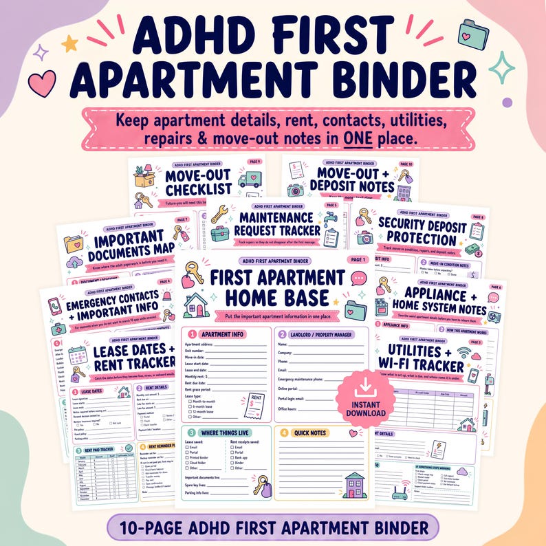 May include: A 10-page ADHD First Apartment Binder digital planner featuring various organizational templates including a home base, lease tracker, maintenance request tracker, move-out checklist, and utility tracker with colorful icons and text.