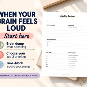 May include: A white weekly review planner with prompts for weekly wins, challenges, and focus. The image also includes a guide with the text "When Your Brain Feels Loud" and steps to "Brain dump", "Choose your top 3 priorities", and "Time-block" for clarity.
