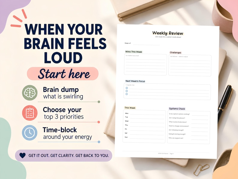 May include: A white weekly review planner with prompts for weekly wins, challenges, and focus. The image also includes a guide with the text "When Your Brain Feels Loud" and steps to "Brain dump", "Choose your top 3 priorities", and "Time-block" for clarity.