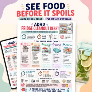 Puede incluir: Una infografía colorida titulada "ADHD Fridge Cleanout Reset" con texto e ilustraciones, que incluyen un temporizador, una nevera y una lista de verificación. Un recipiente transparente con rodajas de pepino y limón está a la derecha.