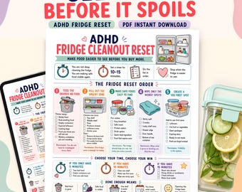 May include: A colorful infographic titled "ADHD Fridge Cleanout Reset" with text and illustrations, including a timer, a fridge, and a checklist. A clear container with sliced cucumbers and lemons is on the right.