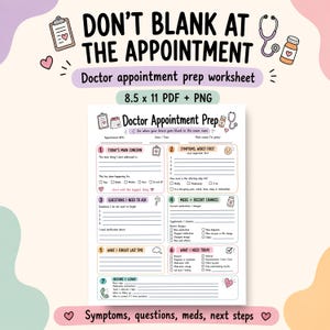 Op de afbeelding: Een afdrukbaar werkblad voor de voorbereiding van een doktersafspraak met de tekst "DON'T BLANK AT THE APPOINTMENT." Het werkblad bevat secties voor belangrijkste zorgen, symptomen, vragen, medicijnen en volgende stappen. Het ontwerp is roze en wit.