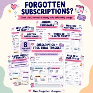 May include: A set of eight printable subscription and free trial tracker pages featuring pastel colors, icons of calendars, piggy banks, and credit cards, with text including 'Forgotten Subscriptions?', 'Annual Renewals', and 'Subscription + Free Trial Tracker'.